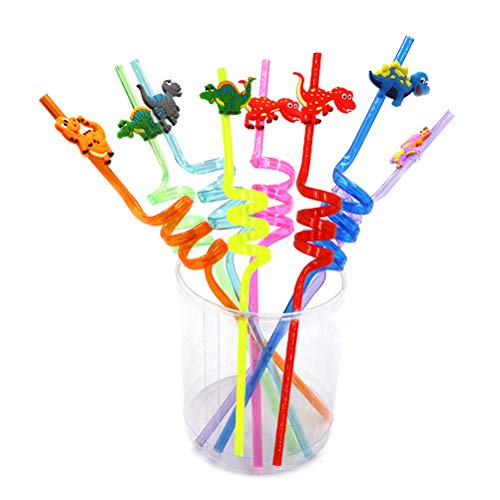 Amosfun 8 unids Desechables pajitas de plástico de Colores pequeño Dinosaurio Paja Curvada 8 Colores Paja de Beber Suave para la Fiesta de cumpleaños Suministros