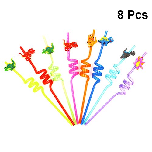 Amosfun 8 unids Desechables pajitas de plástico de Colores pequeño Dinosaurio Paja Curvada 8 Colores Paja de Beber Suave para la Fiesta de cumpleaños Suministros