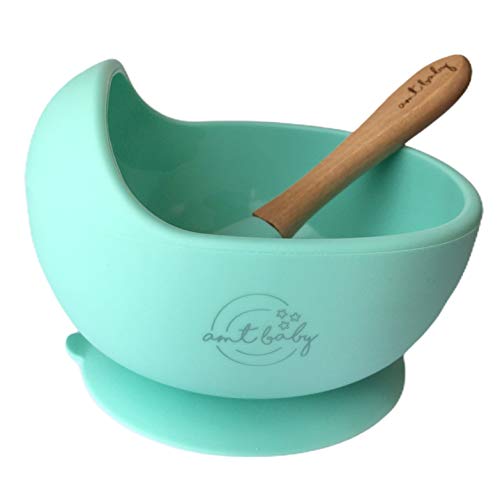 AMTBABY Vajilla silicona Bebé. Bowl con ventosa, Cuchara de madera y Mordedor. Aprendizaje BLW | Dentición | Perro