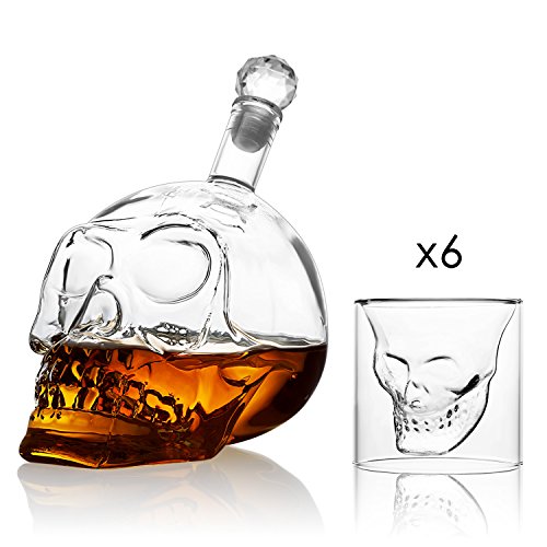 Amzdeal Cráneo de Cristal Calavera Botella - 700ml Botella de Vino y 6x75ml Vaso de Whisky, Transparente y Gran Permeabilidad a la Luz y Capilidad Moderado