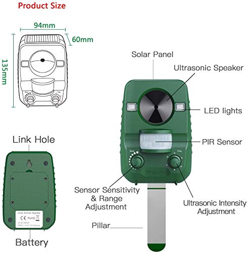 AngLink Repelente de Gatos, Repelente Ultrasónico para Animales, para Exterior, Resistente al Agua. Detector de Perros, Gatos, etc con estaca (Palo) para Tierra, Jardine