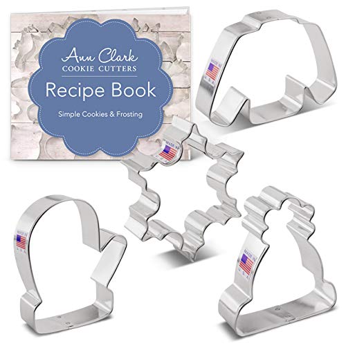 Ann Clark Cookie Cutters Juego de 4 cortadores de galletas invierno / Navidad con libro de recetas, copo de nieve, jersey, manopla y gorro de invierno - Acero fabricado en EE. UU.