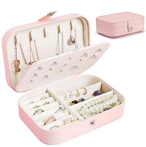 Annhao Caja Joyero, Joyero Pequeña de PU, Joyero Viaje Cajas para Joyas Jewelry Organizer para Mujer, para Anillos, Aretes, Pendientes, Pulseras y Collares 16,5 x 11,5 x 5,5 cm - Rosado