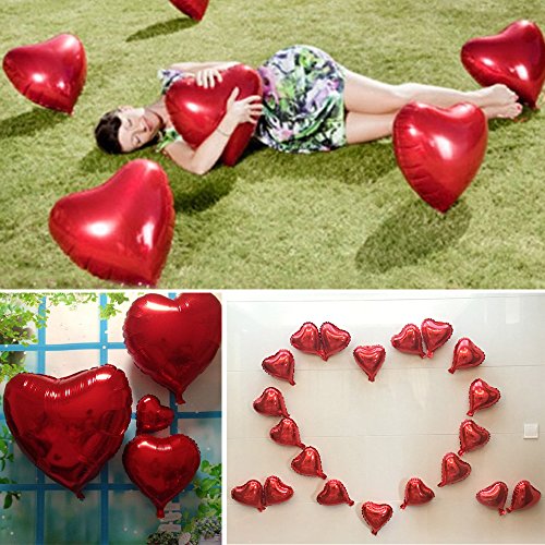 AONER 20 x Globos Metalicos de Corazón Rojo Helio para Boda y Fiesta 45cm 25cm (10pcs*10in + 10pcs*18in) con Cintas