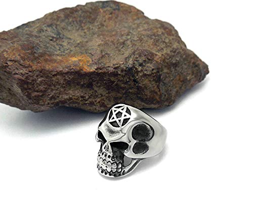 Aooaz Anillo Acero Inoxidable Hombre Calavera Cabeza Cinco Puntos Estrellas Anillos Punk Anillo gotico Plata Negra tamaño 12