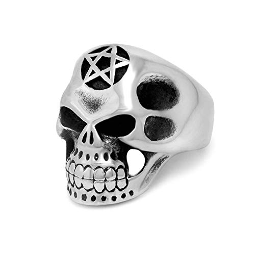 Aooaz Anillo Acero Inoxidable Hombre Calavera Cabeza Cinco Puntos Estrellas Anillos Punk Anillo gotico Plata Negra tamaño 12