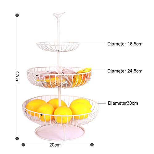 Apark Frutero de 3 pisos, Desmontable Metal Cesta Fruta, para Conservan Frutas, Verduras, Bocadillos o Pan, Tamaño de la Cesta de Frutas: 16.5CM, 24.5CM, 30CM, Altura: 47CM (Blanco)