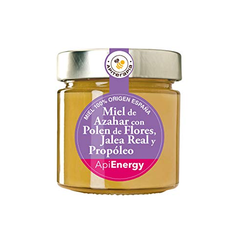 Apiterapia - Miel ApiEnergy - Miel cremosa de Azahar con Polen de Flores, Jalea Real y Propóleo - Miel Origen España - 300 g