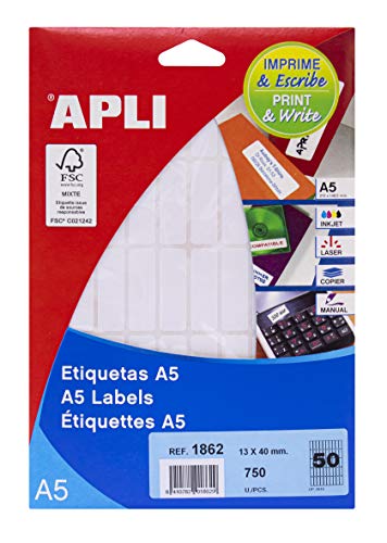 APLI 1862 - Etiquetas A5 blancas 13,0 x 40,0 mm 15 hojas