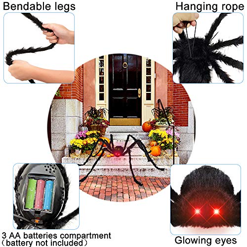 Araña Halloween, Decoracion Halloween Jardin incluye Araña gigante con Ojos iluminados y Sonido espeluznante, Telaraña, 20 mini Arañas, Telaraña Decor aterradora para Halloween fiesta, Puerta, Casa