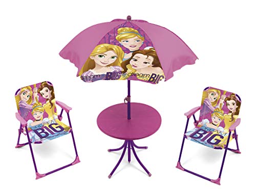 ARDITEX WD9459 Set de Mesa (50x50x48cm), 2 Sillas (38x32x53cm) y Sombrilla (diámetro 110cm) de Disney-Princesas