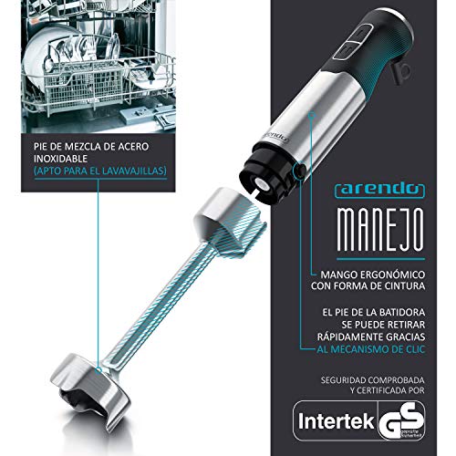 Arendo – Batidora de mano de 1000w de acero inoxidable – 1000 Watt - Cuchilla de cuatro hojas – Batidora de mano – Regulación de velocidad sin niveles – Botón turbo