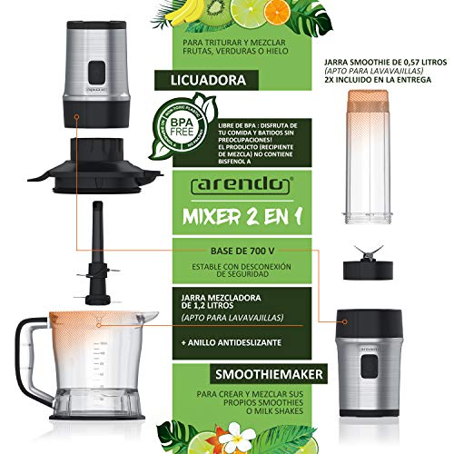 arendo - Batidora de Vaso 2en1 Mixer - Smoothiemaker - Capacidad 1,2l Incl. 2X 0,57l envases - 700W - Liquidador lavavajillas Seguro - Sin BPA