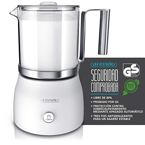 arendo - Espumador de Leche automático con Tapa de Vidrio extraíble - Milk Frother - Fácil de Usar Gracias al botón táctil para prepara Espuma de Leche en frío y Caliente - 600 W - Sin BPA - Blanco