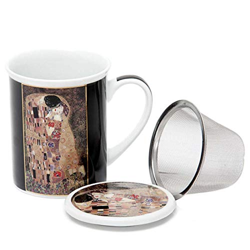 Aromas de Té - Taza de Té con Filtro y Tapa/Tisana Infusiones y tes de Porcelana con Infusor de Acero - Diseño El Beso - 0.25L