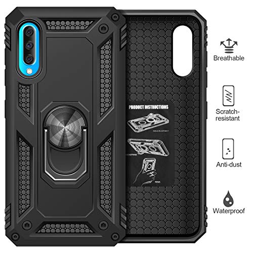 AROYI Funda Samsung Galaxy A70 + Cristal Templado, 360 Anillo iman Soporte, Hard PC y Silicona TPU Bumper antigolpes Case Carcasa para Samsung Galaxy A70 Negro