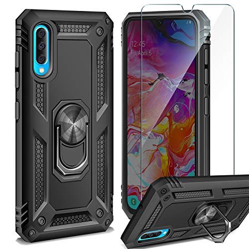 AROYI Funda Samsung Galaxy A70 + Cristal Templado, 360 Anillo iman Soporte, Hard PC y Silicona TPU Bumper antigolpes Case Carcasa para Samsung Galaxy A70 Negro