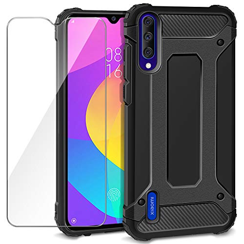 AROYI Funda Xiaomi Mi 9 Lite + Protectores de Pantalla in Cristal Templado, Robusta Carcasa Híbrida TPU + PC de Doble Capa Anti-arañazos Caso para Xiaomi Mi 9 Lite Negro