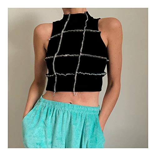 Arriba Camiseta Interior sin Mangas de la Manera de Las Mujeres de Punto canalé Crop Tops Summer Street Delgado elástico Casual Wear T Chaleco Negro Durable (Color : Black, Size : M)