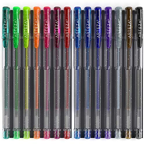 Arteza Bolígrafos de purpurina en tinta de gel | Pack de 14 bolígrafos rotuladores de colores brillantes | Tintas de gel de colores vivos | para pintar mandalas