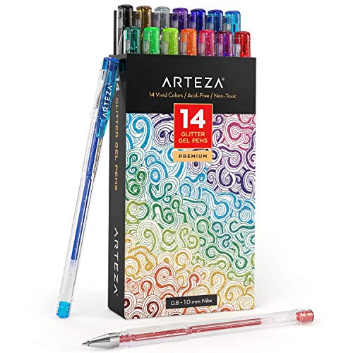 Arteza Bolígrafos de purpurina en tinta de gel | Pack de 14 bolígrafos rotuladores de colores brillantes | Tintas de gel de colores vivos | para pintar mandalas