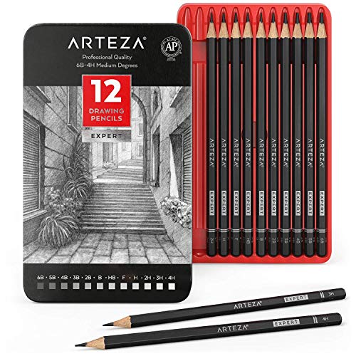 Arteza Estuche de lápices de grafito para dibujo profesional | Caja de lápices para bocetos de arte | 12 unidades | 12 tonos distintos