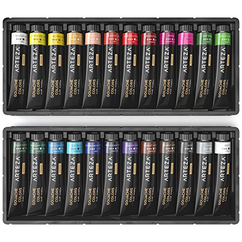 Arteza Gouache | Pintura gouache con 24 colores de calidad para artistas | Set de 24 tubos de 12ml | Ideal como set de iniciación para pintar con gouache