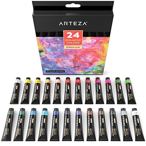 Arteza Gouache | Pintura gouache con 24 colores de calidad para artistas | Set de 24 tubos de 12ml | Ideal como set de iniciación para pintar con gouache