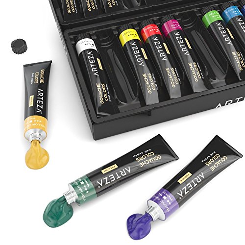 Arteza Gouache | Pintura gouache con 24 colores de calidad para artistas | Set de 24 tubos de 12ml | Ideal como set de iniciación para pintar con gouache