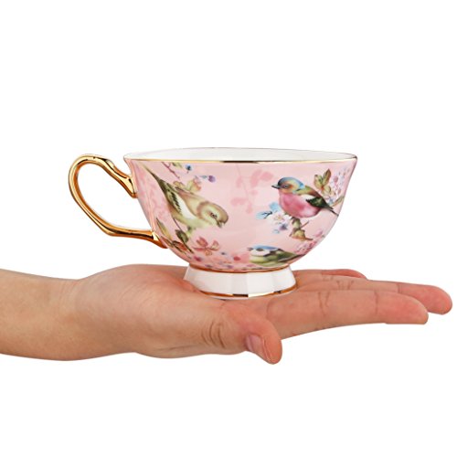 Artvigor 4 Juegos de Tazas de Café de Porcelana, 200ml, Juegos de Café de Cerámica Vajillas de té para Hogar, Oficina, Cafetería, Restaurante, Regalo para Cumpleaños, Festival - Flores y Pájaros, Rosa