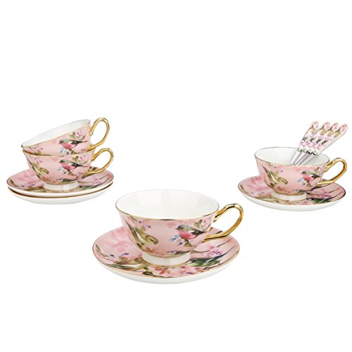 Artvigor 4 Juegos de Tazas de Café de Porcelana, 200ml, Juegos de Café de Cerámica Vajillas de té para Hogar, Oficina, Cafetería, Restaurante, Regalo para Cumpleaños, Festival - Flores y Pájaros, Rosa