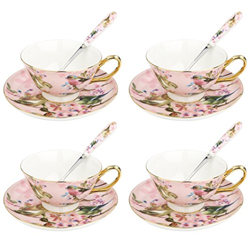 Artvigor 4 Juegos de Tazas de Café de Porcelana, 200ml, Juegos de Café de Cerámica Vajillas de té para Hogar, Oficina, Cafetería, Restaurante, Regalo para Cumpleaños, Festival - Flores y Pájaros, Rosa