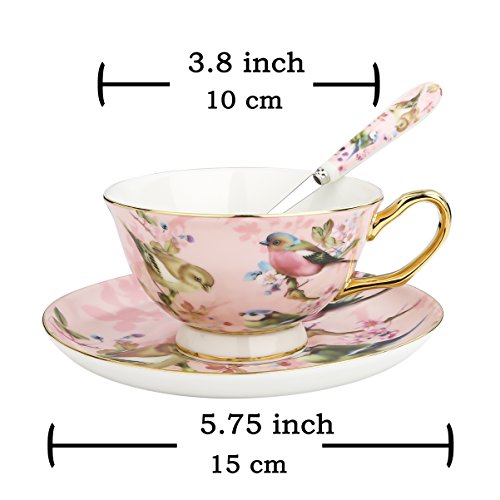 Artvigor 4 Juegos de Tazas de Café de Porcelana, 200ml, Juegos de Café de Cerámica Vajillas de té para Hogar, Oficina, Cafetería, Restaurante, Regalo para Cumpleaños, Festival - Flores y Pájaros, Rosa