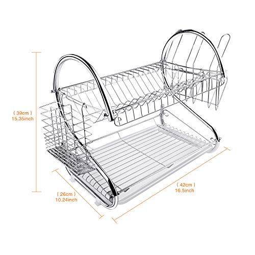 ARyee Escurreplatos de dos niveles Estante plateado, cuencos Platos Portavasos con bandeja de goteo
