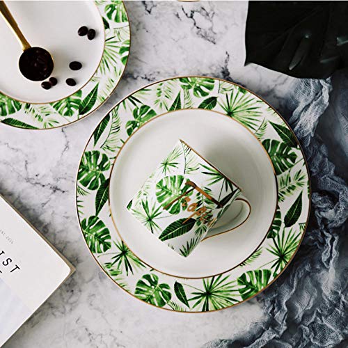 Asbjxny Belleza Oro Estilo Europeo Plantas Verdes Patrón Vajilla de cerámica Vajilla de Porcelana Set Bone China Plato Taza Taza y platillo-si