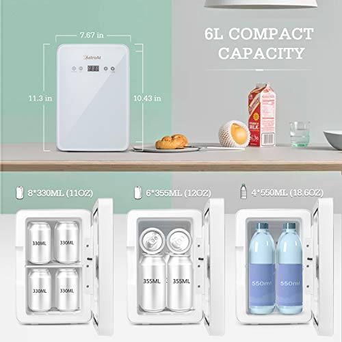 AstroAI Mini Refrigerador Mini Nevera Portátil 6 Litros/8 Latas Cosmético Frigorífico con la Tempuratura Control 220V/12V Mini Nevera para Enfriar y Calentar (Blanco)