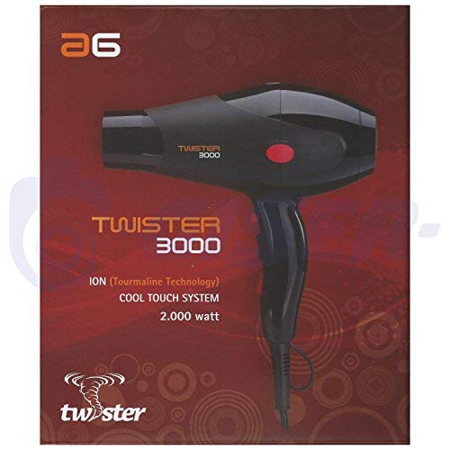 Asuer Group AG Twister 3000 Ion 2000W - Secador profesional compacto iónico turmalina cerámica, color negro | 2.000.000 iones/seg/cm³ | Volumen de aire 69,5 m³/h | Máx. 180 °C | Sistema Cool Touch