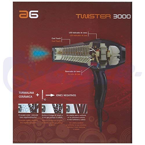 Asuer Group AG Twister 3000 Ion 2000W - Secador profesional compacto iónico turmalina cerámica, color negro | 2.000.000 iones/seg/cm³ | Volumen de aire 69,5 m³/h | Máx. 180 °C | Sistema Cool Touch