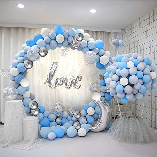 ATFUNSHOP Arco De Globos de Cumpleaños 5M 120PCS Globos Dorados Szul y Plata Metalizados Transparentes Confeti para Boda Baby Shower Fiesta Decoración