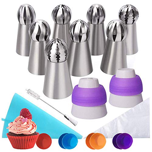 Athyior 30 piezas Set de Boquillas para Manga Pastelera - 8 Boquillas de Rusas Bola Acero Inox, Moldes de horneado, Bolsas de pastelera silicona, Acopladores y cepillo para tortas galletas mollete