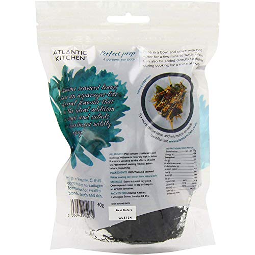 Atlantic Kitchen Wakame Algas Secas. Superalimento Orgánico Del Mar. Paquete de 6 bolsas de 40g.