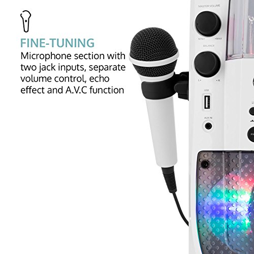 Auna Kara Liquida BT - Equipo de Karaoke, Juego de Karaoke, para niños, Efecto Luminoso LED Fuente de Agua, Puerto USB con MP3, Bluetooth, Efecto Eco y función AVC, Blanco-Gris