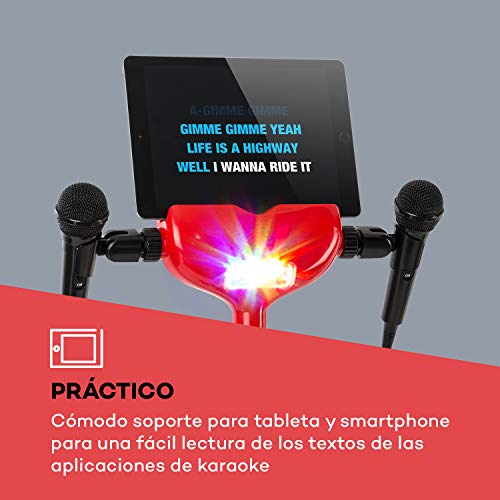 auna Kara Super Star - Equipo de Karaoke con Pedales , 2 x 2,5 W de Potencia Media , Puerto USB , Bluetooth , AUX , Alfombra de Karaoke con Luces LED , Atriles de micrófono , 2 micrófonos , Rojo