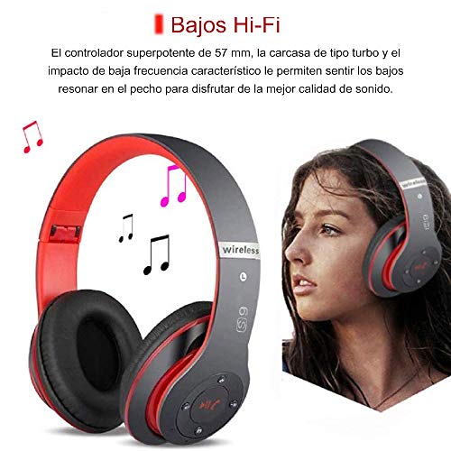 Auriculares Cerrados Inalámbricos 6S, Alta fidelidad Estéreo Auriculares Estéreo Inalámbricos Plegables, Micrófono Incorporado, Micro SD/TF, FM (para iPhone/Samsung/iPad/PC) (Negro y Rojo)