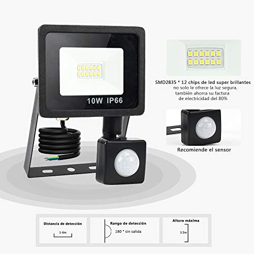 Aurorast 2× Foco Led Exterior Con Sensor De Movimiento 10W, 1000LM Impermeable IP66 Proyector, Luz de Seguridad sensor movimiento exterior para Patio Pared [Clase de eficiencia energética A+]