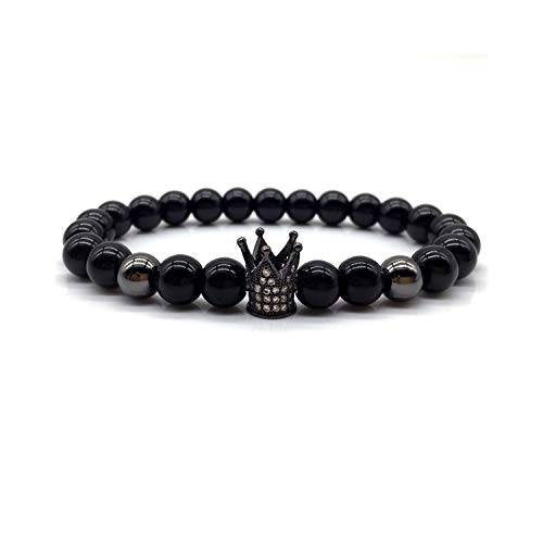 Awertaweyt Pulsera de Cuentas, Hot Fashion King Crown Men Bracelet Pave Black 8Mm Lava Stone Bead Bracelet For Men Women Luxury Jewelry Gift B259-12