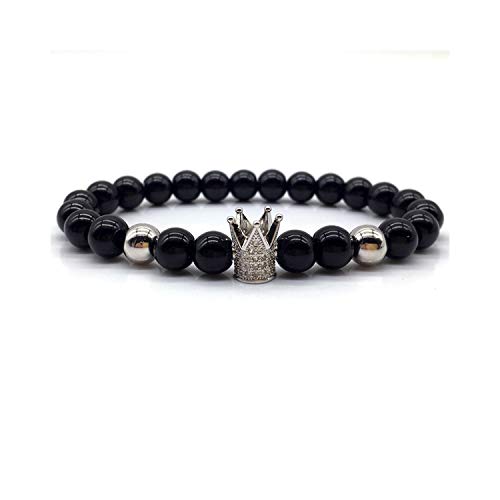 Awertaweyt Pulsera de Cuentas, Hot Fashion King Crown Men Bracelet Pave Black 8Mm Lava Stone Bead Bracelet For Men Women Luxury Jewelry Gift B259-12