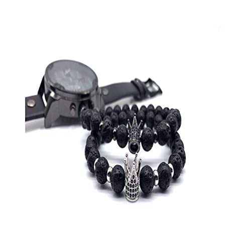 Awertaweyt Pulsera de Cuentas, Hot Fashion King Crown Men Bracelet Pave Black 8Mm Lava Stone Bead Bracelet For Men Women Luxury Jewelry Gift B259-12