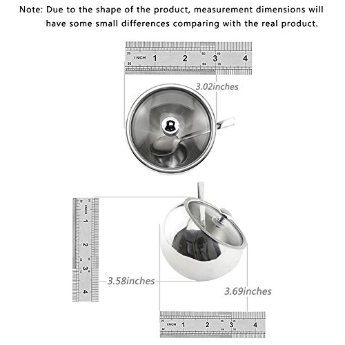 Azucarero Inclinado, [300 ML (10 OZ o 1,25 Cup)], Newness Cuenco de azúcar de Acero Inoxidable con Tapa de Cristal con Tapa de Apertura Oblique y azúcar Cuchara para casa y Cocina