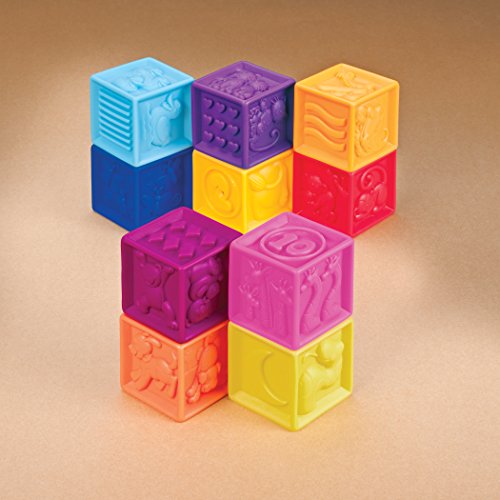 B. Toys – One Two Squeeze Blocks – Bloques de construcción para niños – Juguetes educativos para bebés de 6 Meses en adelante, con números, Formas, Animales y Texturas – 10 Bloques Suaves apilables